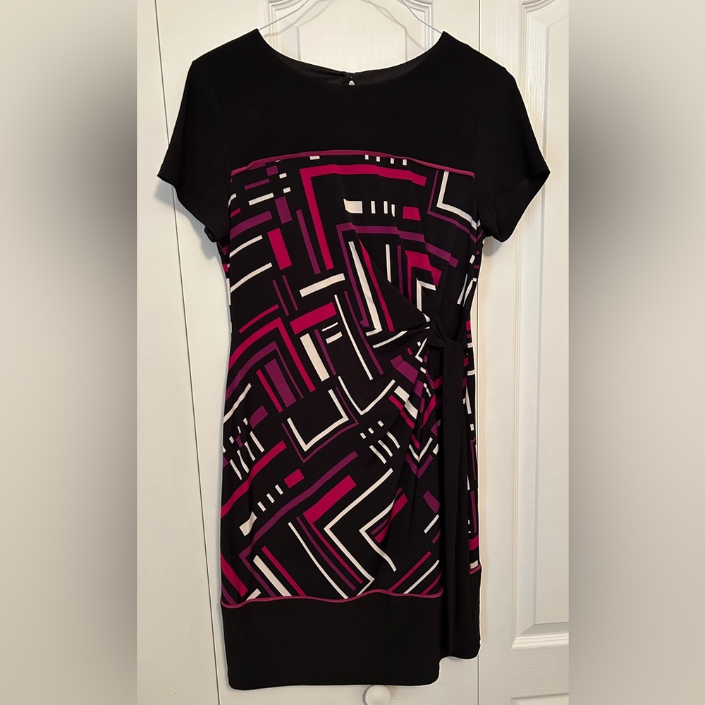 R & K multi-colored dress, with side sash, and button back, size M